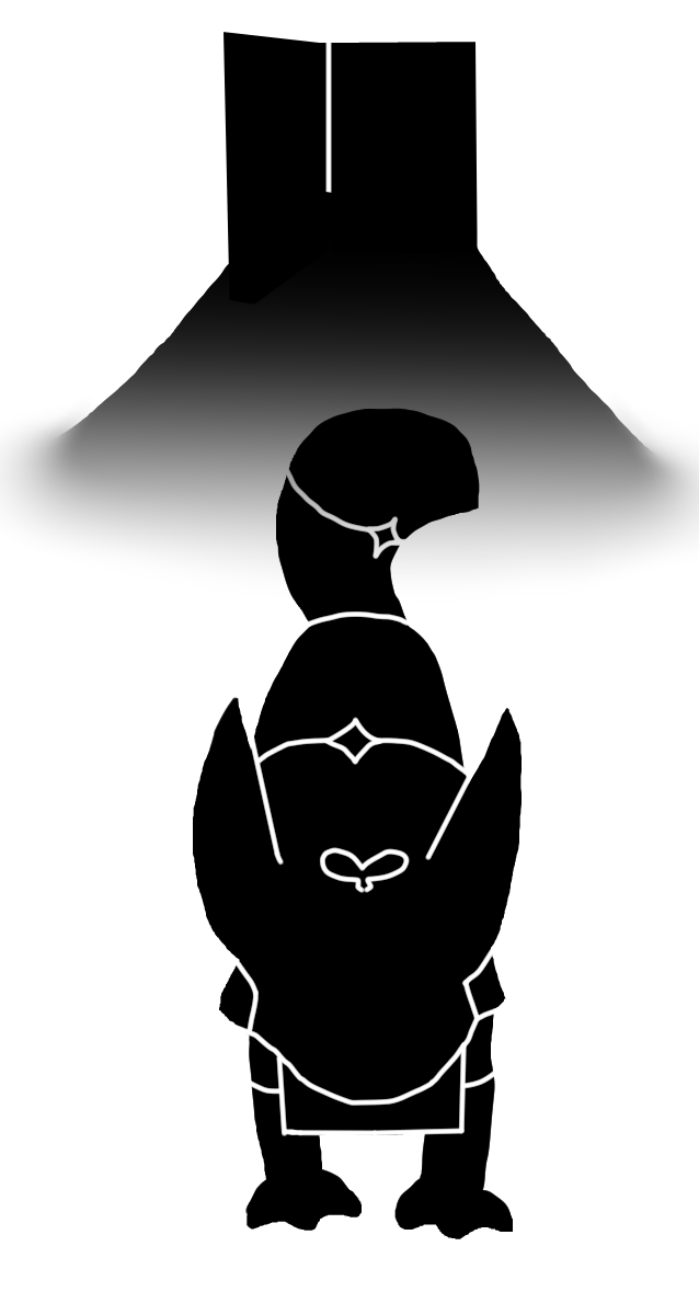 an overhead black silhouette of tick, a catlike quadruped creature with long ears, a rounded tail and a winding key in her head. parts of her body is segmented with small diamonds embedded between the segments. she is running with a book in her mouth, and behind her is a door.